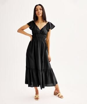 Nine West Black Flutter Sleeve Smocked Maxi Dress Size Medium